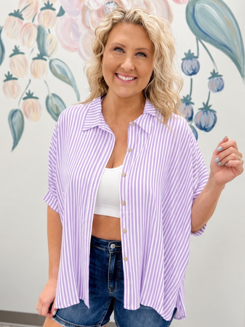 Zenana Striped Lavender Button-Up Shirt - Women’s L/XL NWT